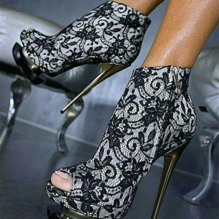 Black Lace Fashion Boots Peep Toe Stiletto Heels Platform Ankle Boots |FSJ Shoes
