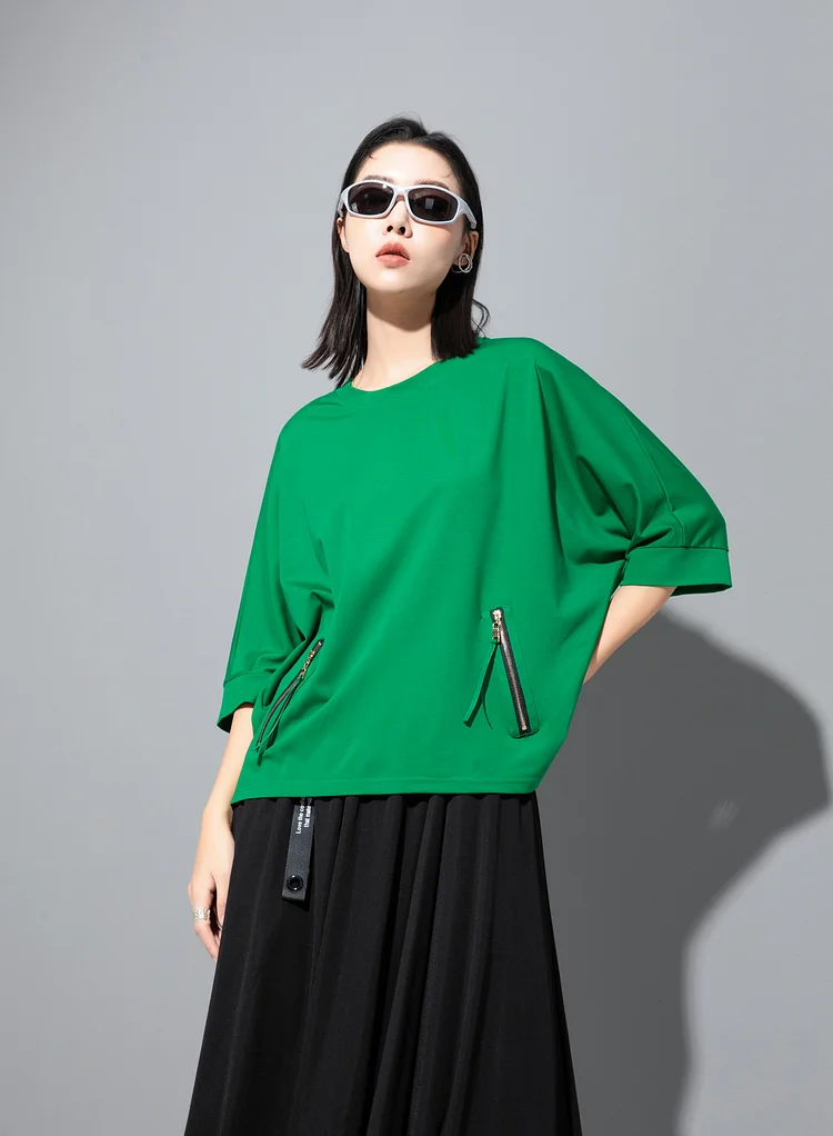 Casual Solid Color Zipper Mid-sleeve T-Shirt