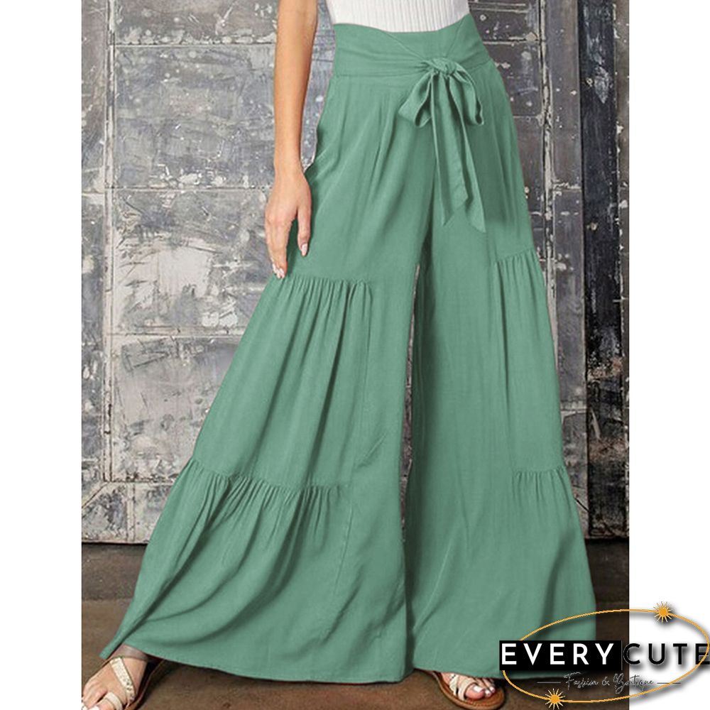 Green Smocked High Waist Palazzo Pants with Tie
