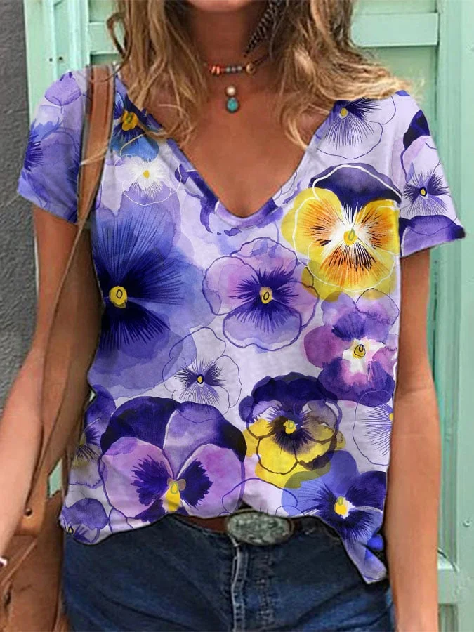 Women's Alzheimer's Purple Floral V-Neck T-Shirt