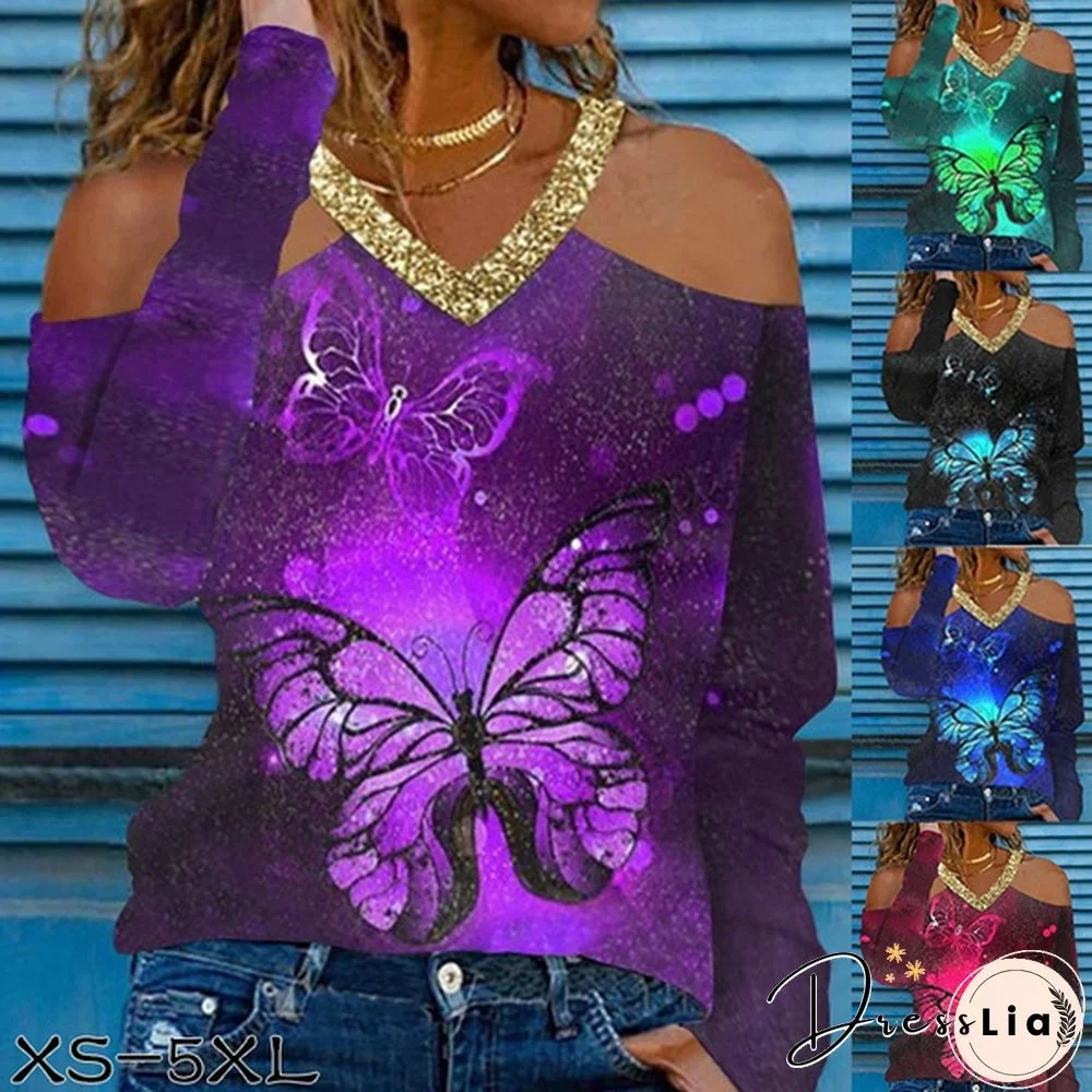 Spring and Autumn New Women's Fashion Butterfly Printed Long Sleeve Casual Top Loose Soft and Comfortable Bottoming Shirt in Autumn and Winter Plus Size XS-5XL