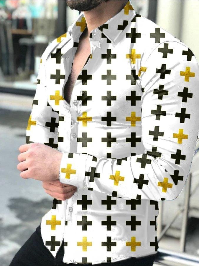 Cross print lapel collar long sleeve shirt