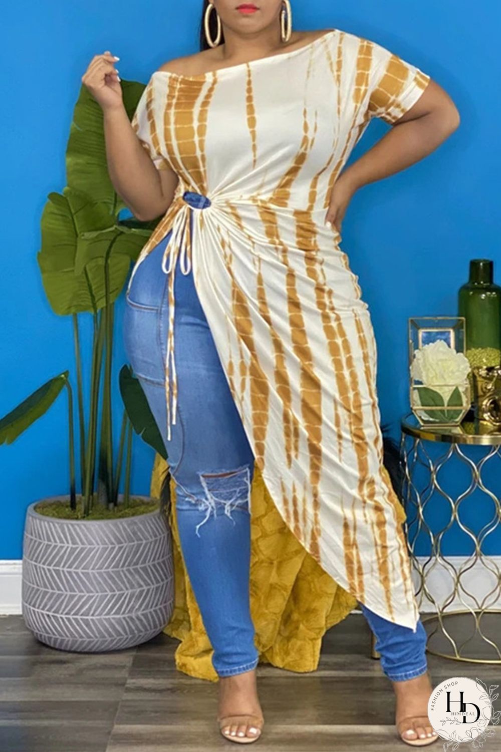 Yellow Fashion Casual Print Bandage Asymmetrical O Neck Plus Size Tops