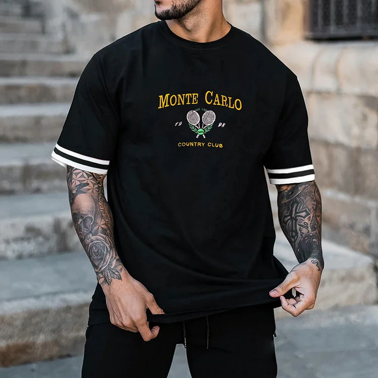Monte Carlo Tennis Print Casual Color Block Short Sleeve T-Shirt