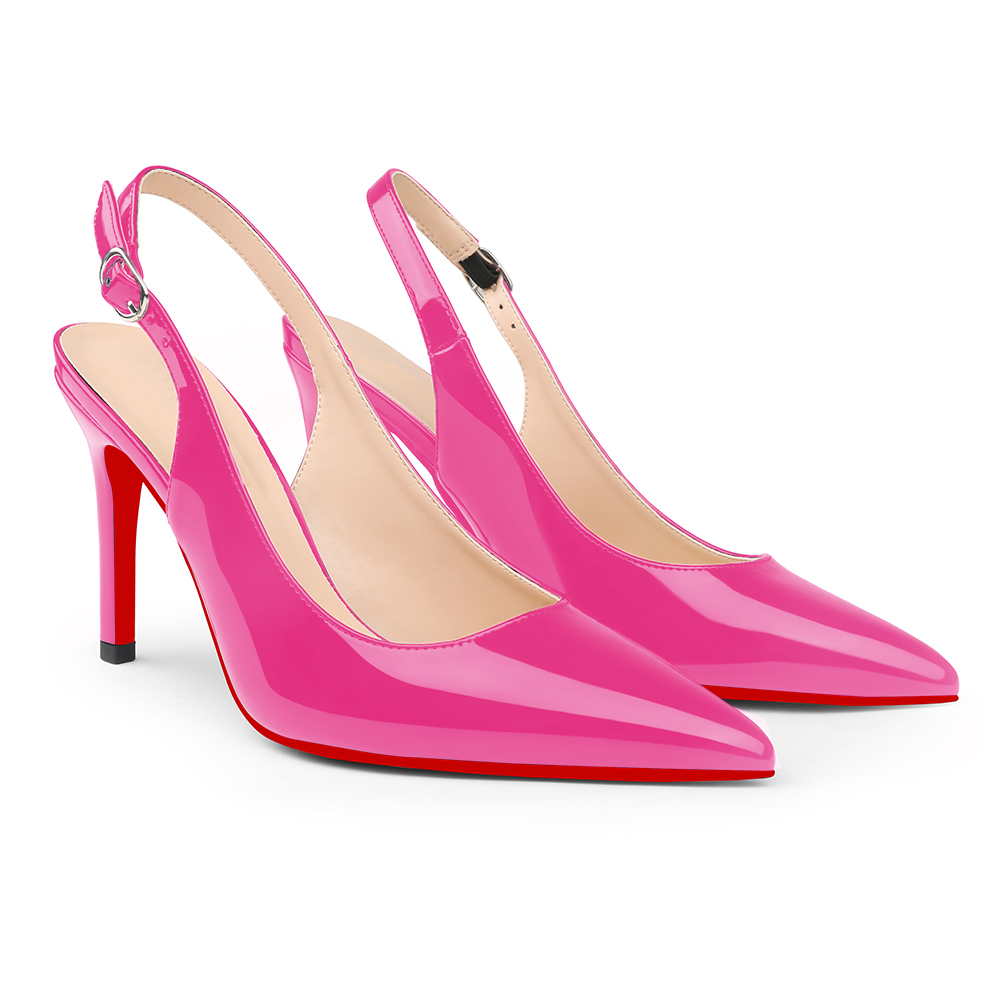 90mm Women's Pointed Toe Slingback Heels Red Bottoms Pumps Comfortable Dress Shoes-vocosishoes