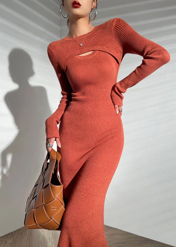 Slim Fit Red O-Neck Asymmetrical Wraped Knit Sweater Long Dress Long Sleeve