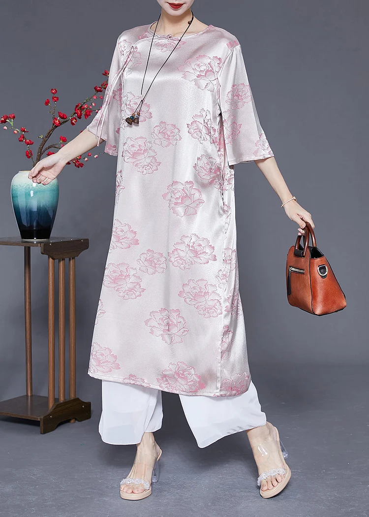 Elegant Pink O-Neck Print Tassel Silk Long Dress Half Sleeve
