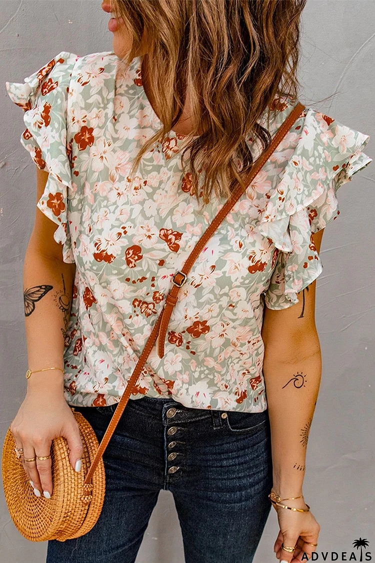 Green Floral Ruffle Short Sleeve Blouse