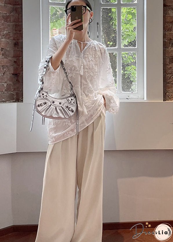 Plus Size Cozy White Embroideried Cotton Shirt Tops Fall