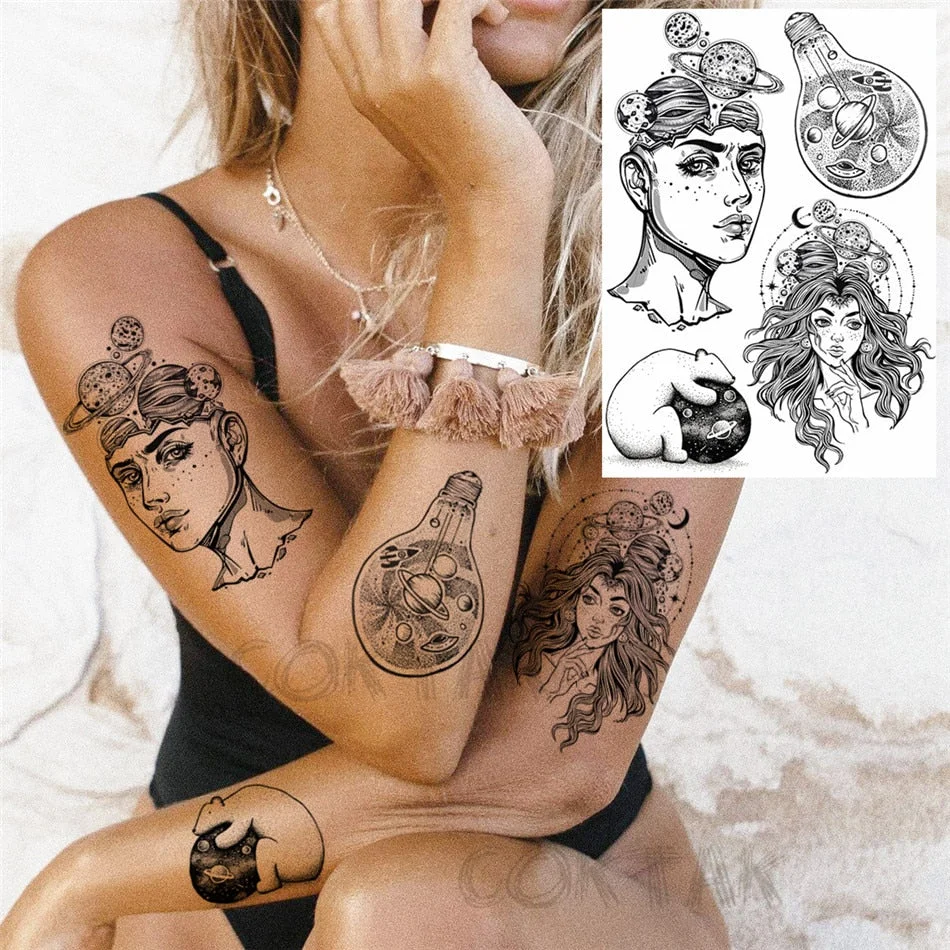 Creative Space Temporary Tattoos For Men Women Astronaut Planets Fake Chains Tatoos Temporary Black Mountain DIY Tatoo Geometric