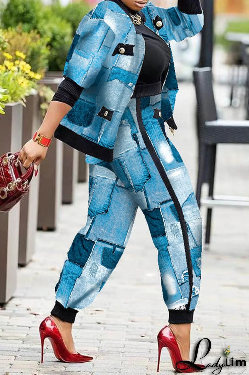 Pink Fashion Casual Print Patchwork Long Sleeve Two Pieces