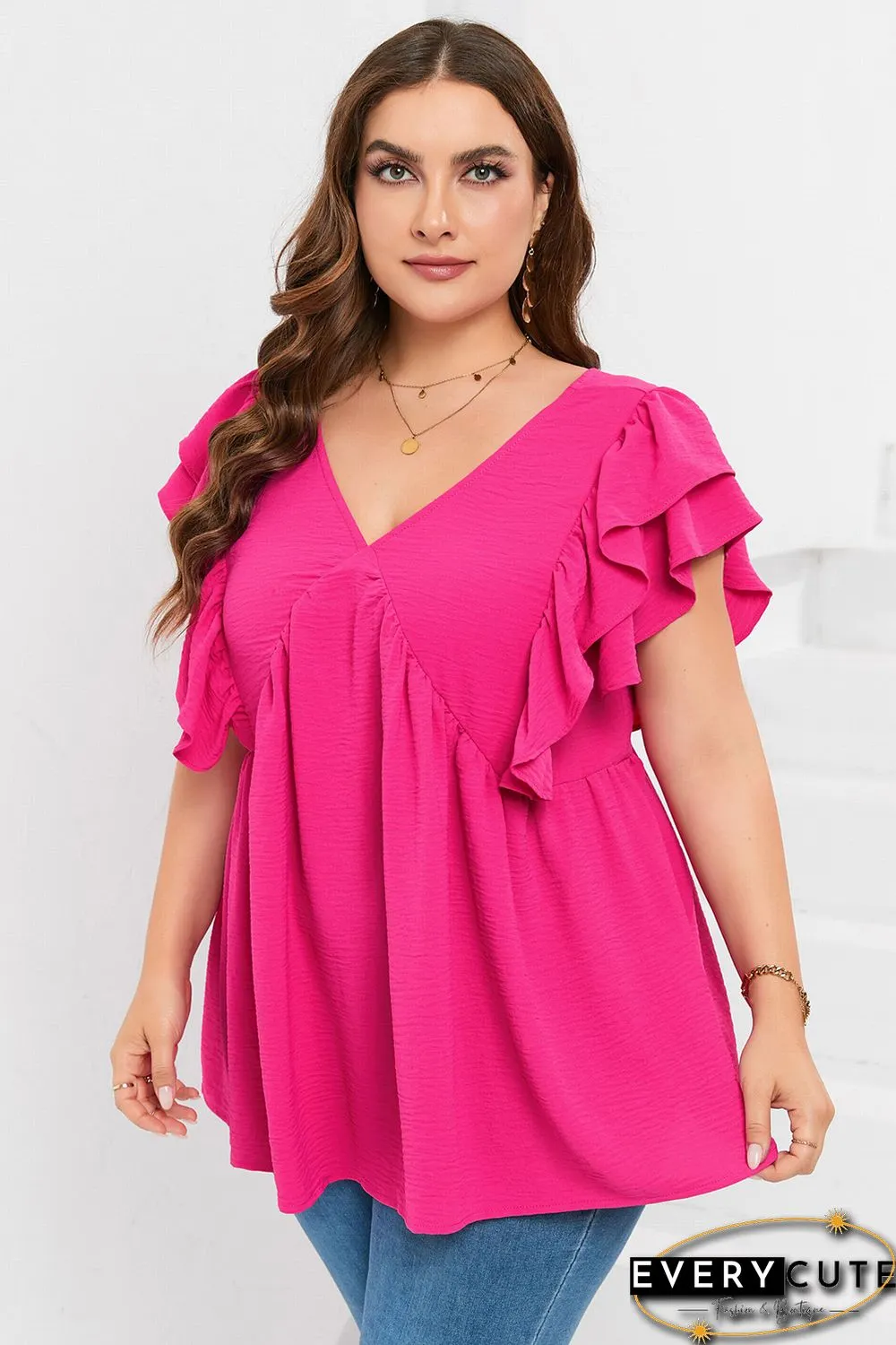 Plus Size Ruffle V Neck Tie Back Tunic Top