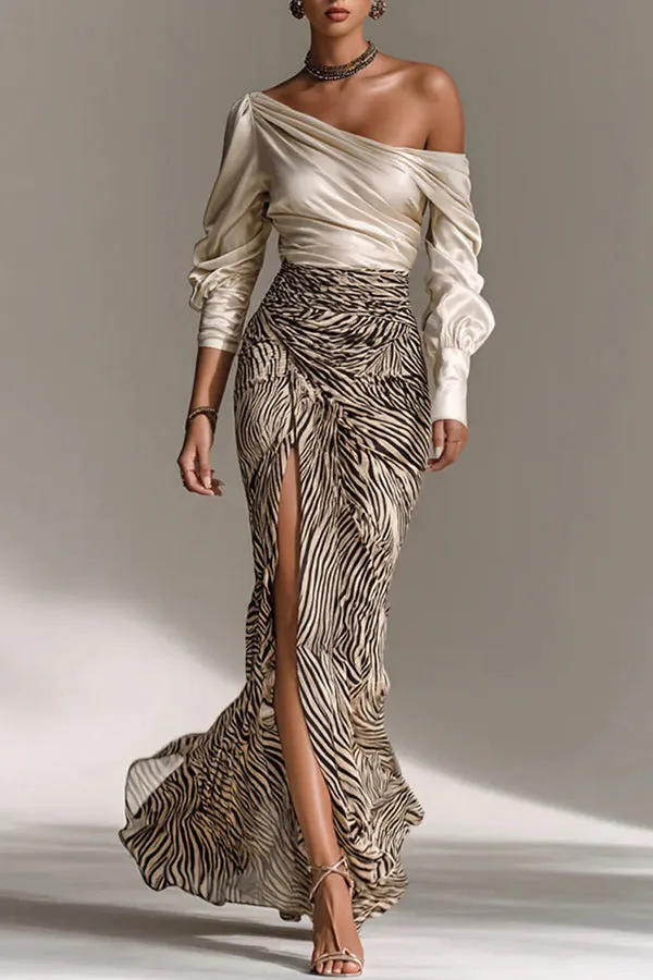 Stylish Off-shoulder Long-sleeved Casual Shirt and Elegant Striped Printed Slit Maxi Skirt Set