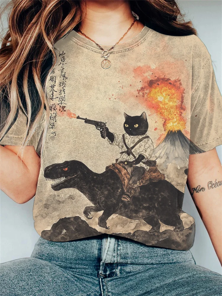 Women's Retro Calligraphy Cat Dinosaur Volcanic Eruption Art Print Casual T-Shirt