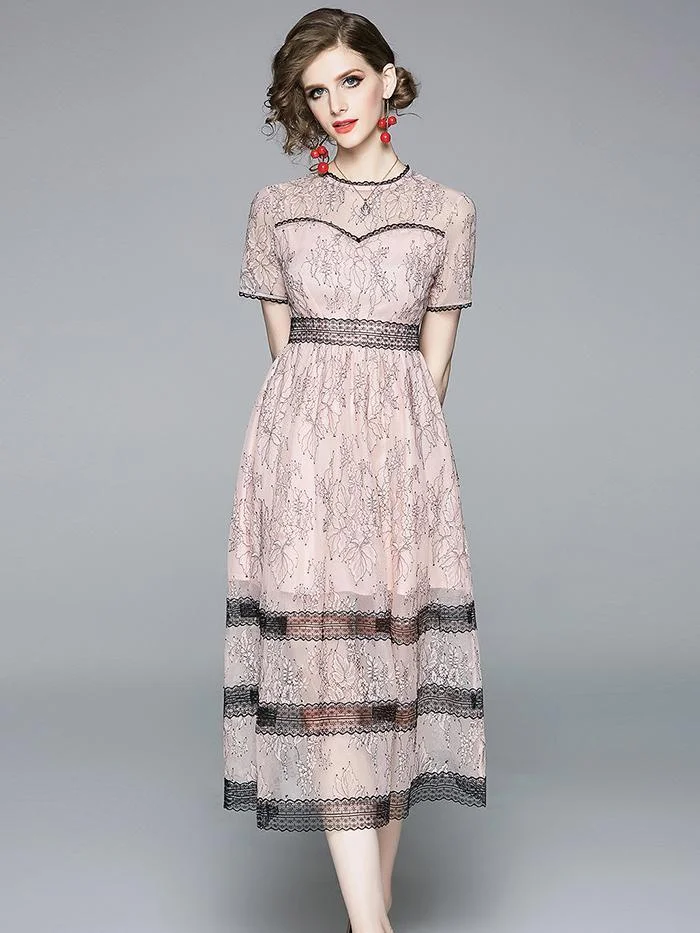 Fashion pink lace mid-length slim dress
