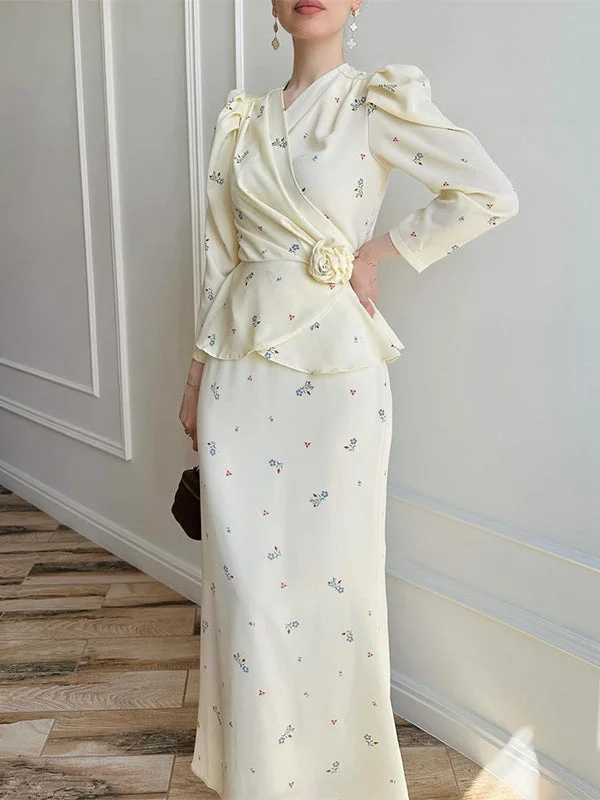 Style & Comfort for Mature Women Women's Long Sleeve V-neck Cross Fleece Lace-up Midi Dress Set