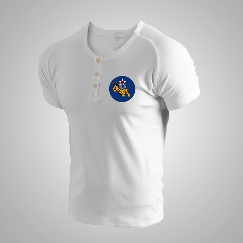 Vintage Henley Neck Stretch Slim Fit Cotton Short Sleeve T-Shirt