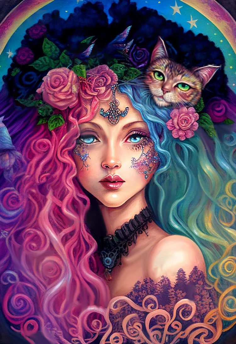 Fantasy Colorful Hair Cat Girl 40*50CM(Canvas) Full Round Full Round Diamond Painting gbfke