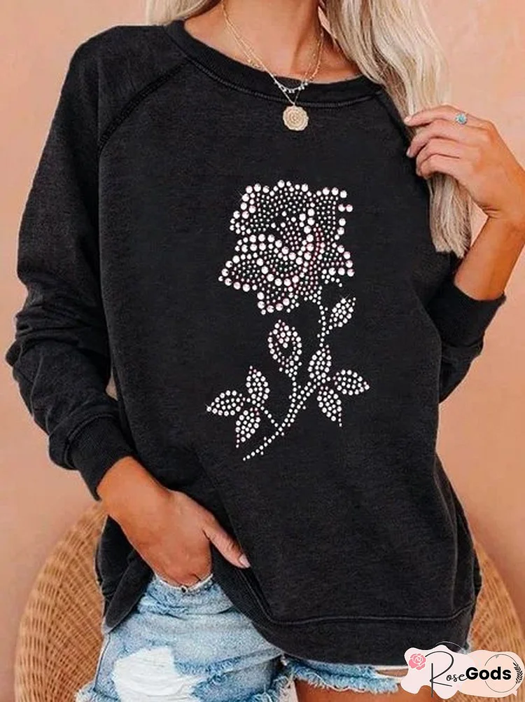 Cotton-Blend Crew Neck Long Sleeve Floral Sweatshirt