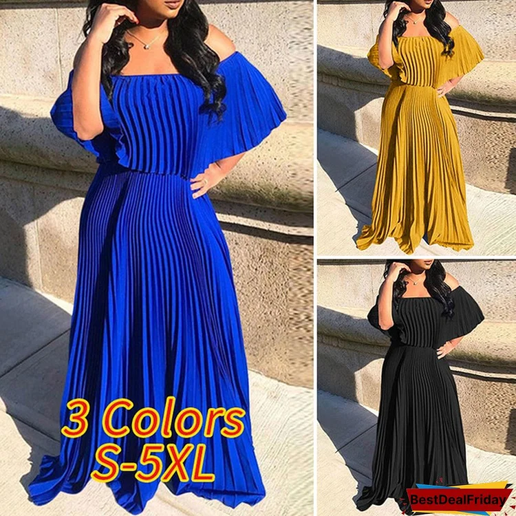 S-5XL Women Solid Color Sexy Off-shoulder Pleated Maxi Dress High Waist Big Swing Elegant Party Prom Dresses Bohemian Holiday Beach Dress
