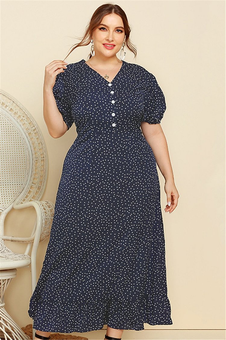 Plus Size Casual Navy Blue Polka Dot Print Decorative Button V Neck Puff Sleeve Maxi Dress  flycurvy [product_label]