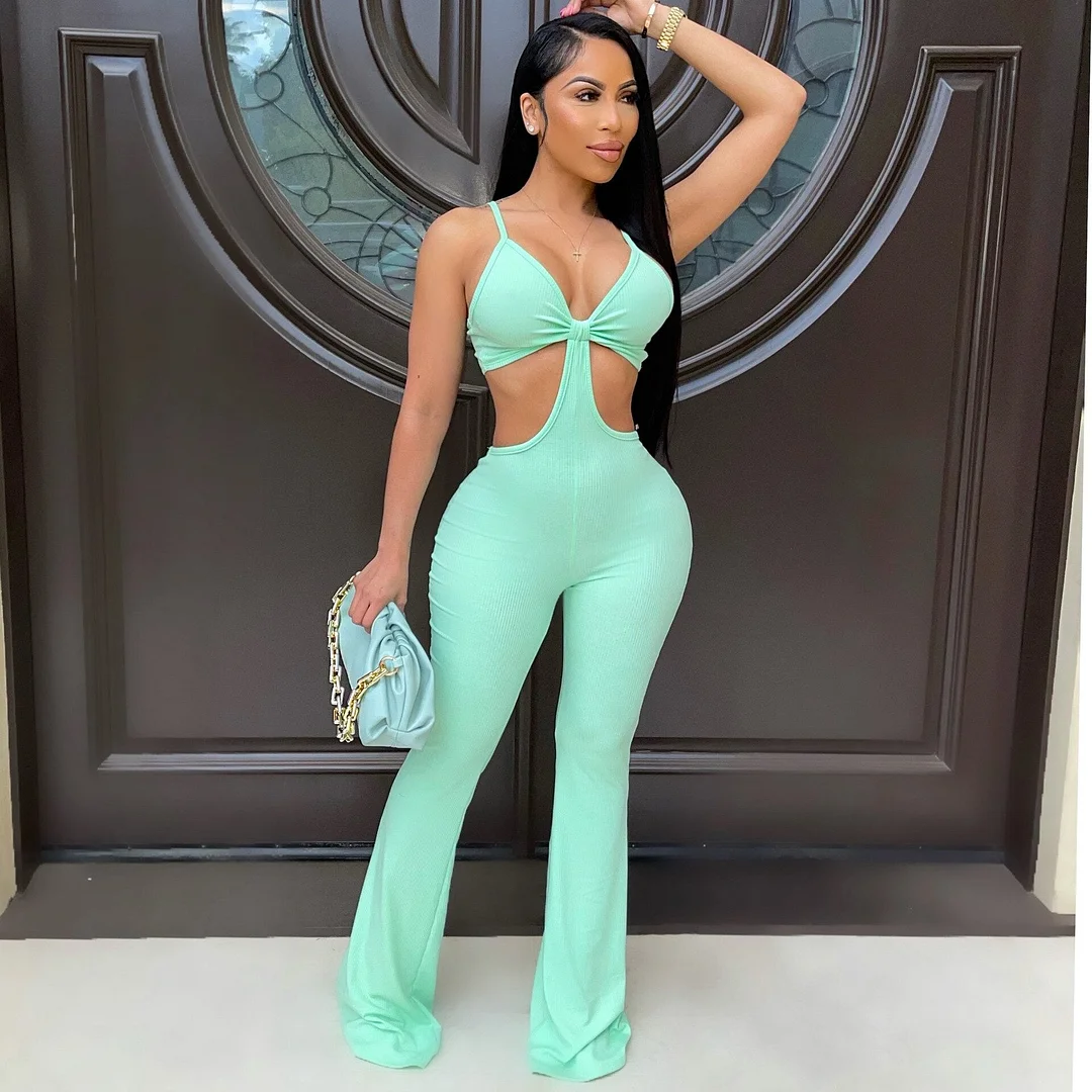 New Ribbed Cut Out Workout Long Jumpsuits Women 2021 Solid Strap Active Wear Workout Slim One Piece Streetwear Outfits
