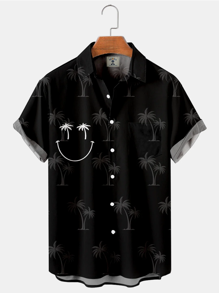 BrosWear Men's Palm Tree Smiley Hawaiian Casual Short Sleeve Shirt