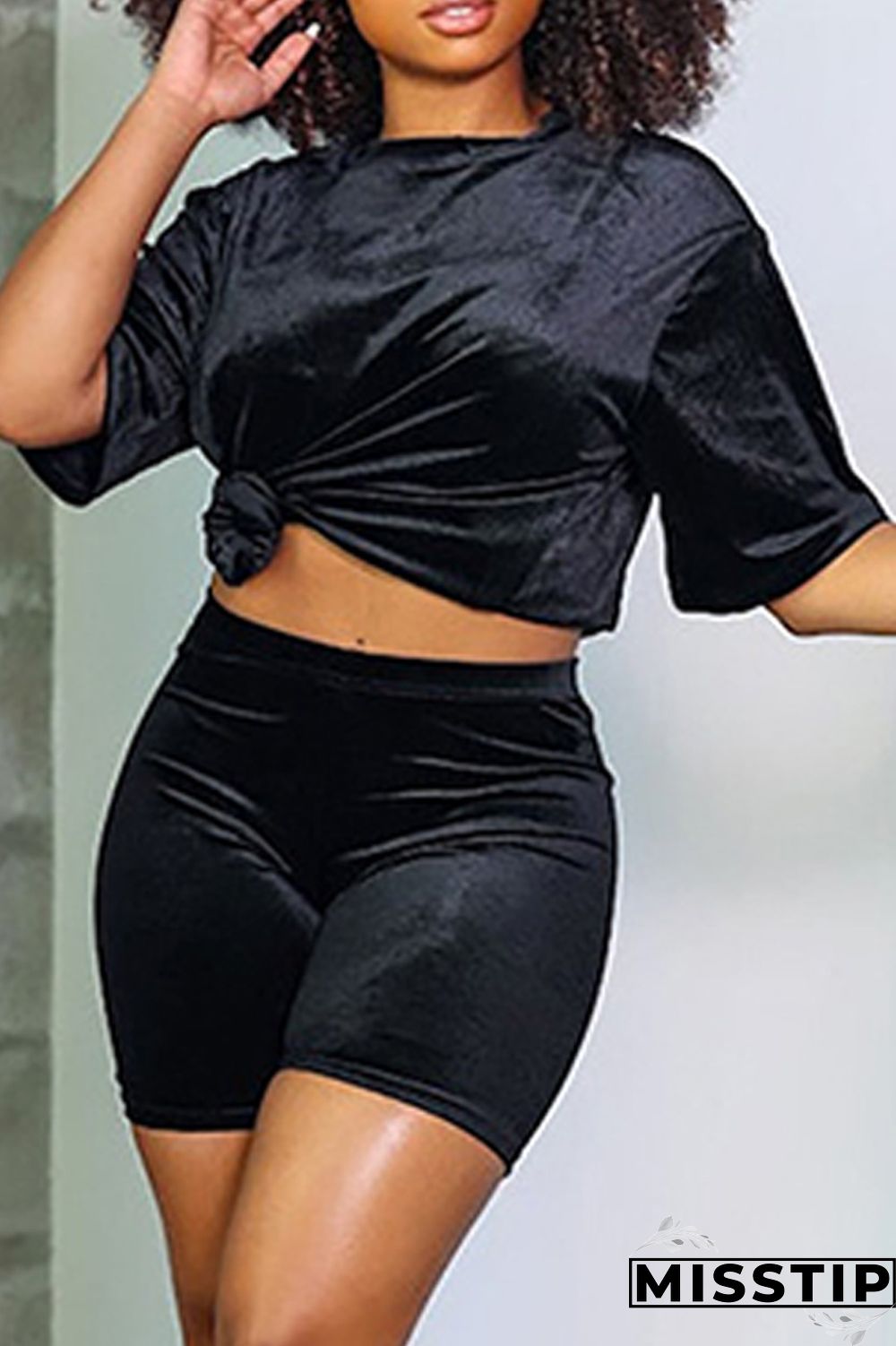 Black Casual Solid Basic O Neck Short Sleeve Two Pieces