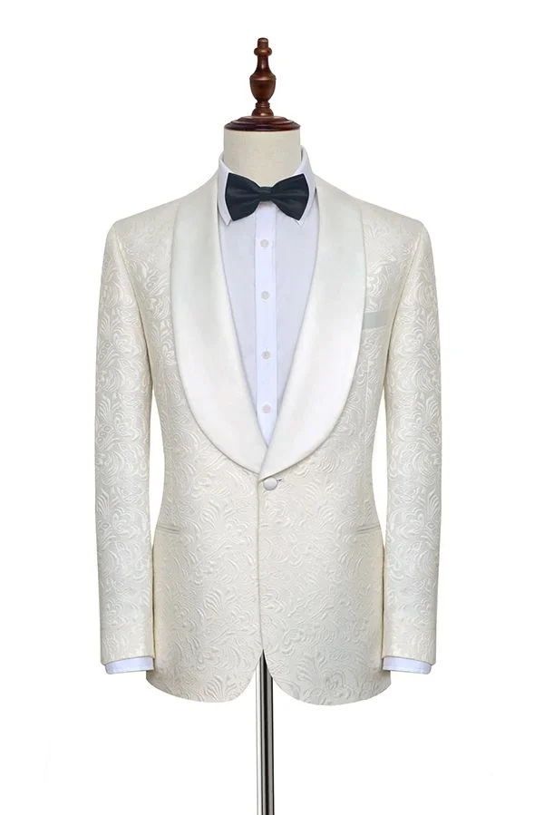 Bellasprom Jacquard White Tuxedos for Wedding Silk Shawl Lapel One Button Wedding Suit for Men