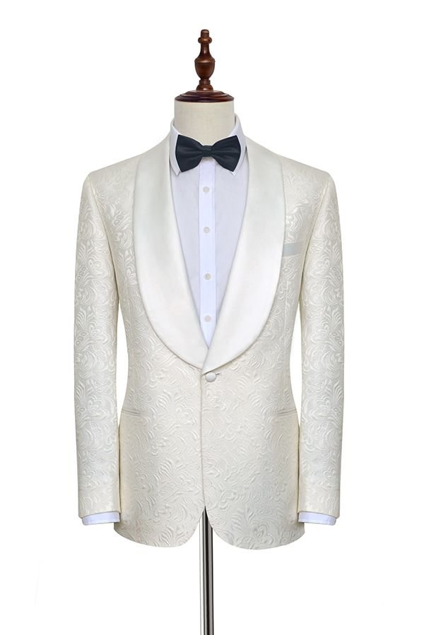 Modest Silk Shawl Lapel Jacquard White One Button Wedding Suit for Men | Ballbellas Ballbellas