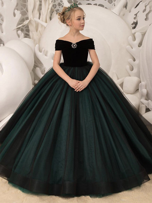 Oknass Ball Gown Long Sleeve Off Shoulder Flower Girl Dresses Tulle  Velvet  With Bow Crystal Brooch