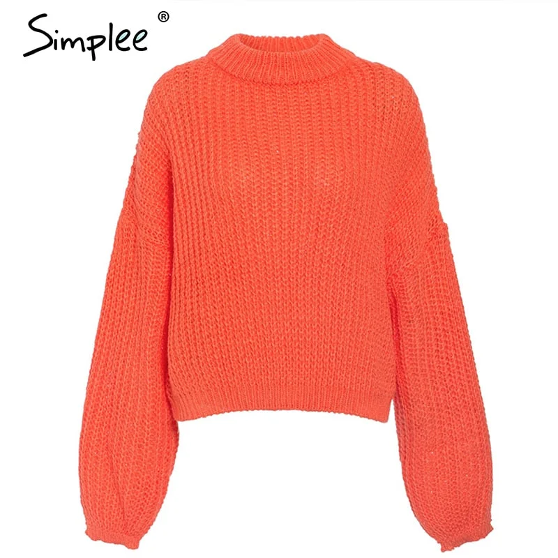 Simplee Winter lantern sleeve knitted sweater pullover Women loose O-neck solid sweater Female autumn casual sweater jumper new