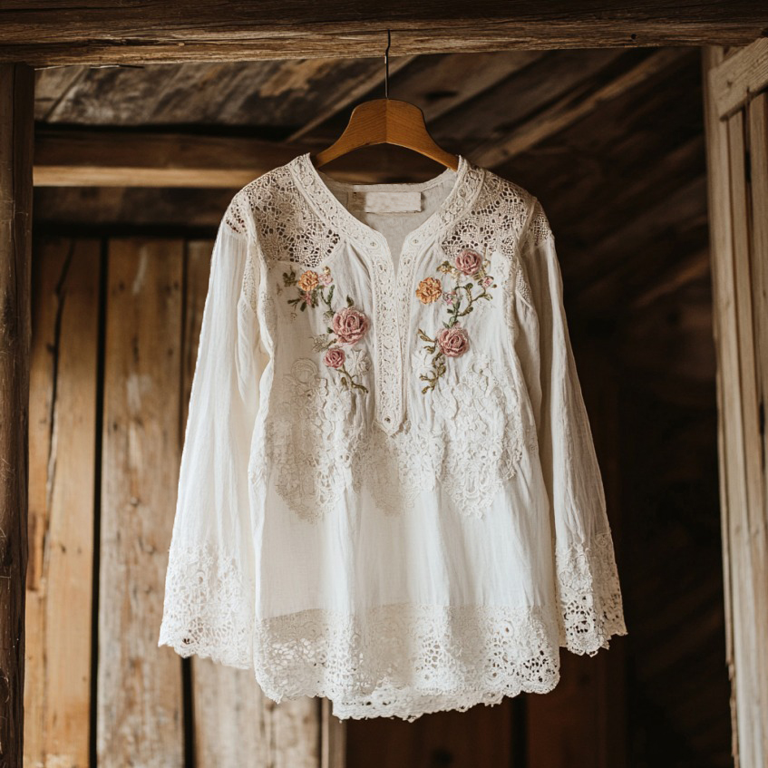 V-Neck Stand Collar Embroidered Lace Shirt