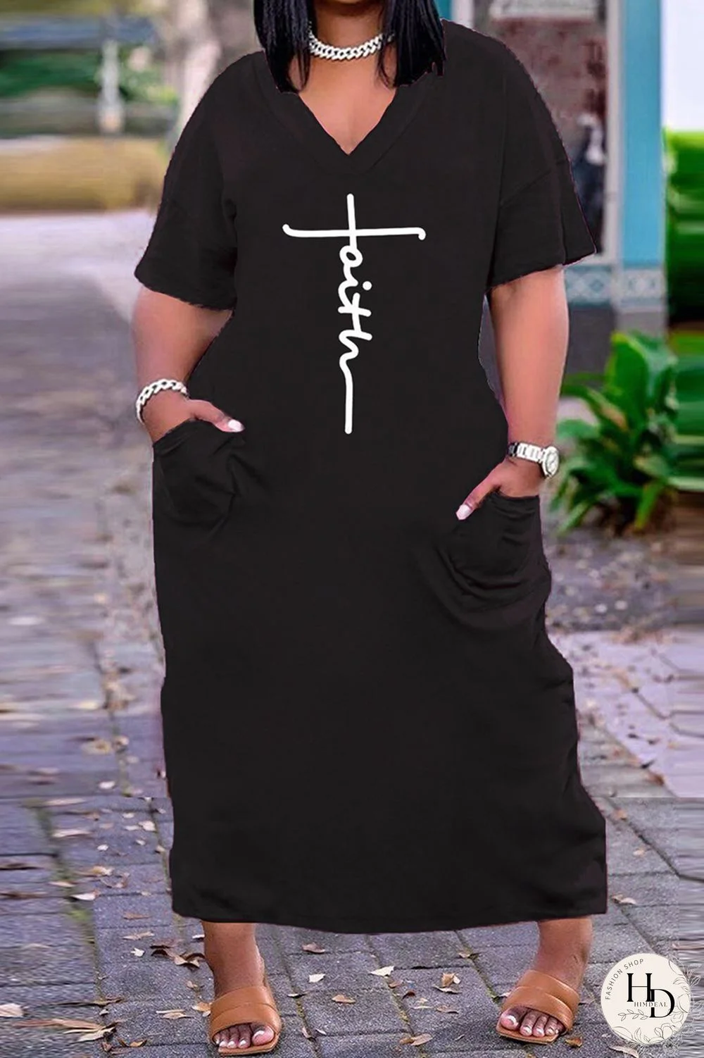 Rose Brown Fashion Casual Plus Size Print Basic V Neck Short Sleeve Dress