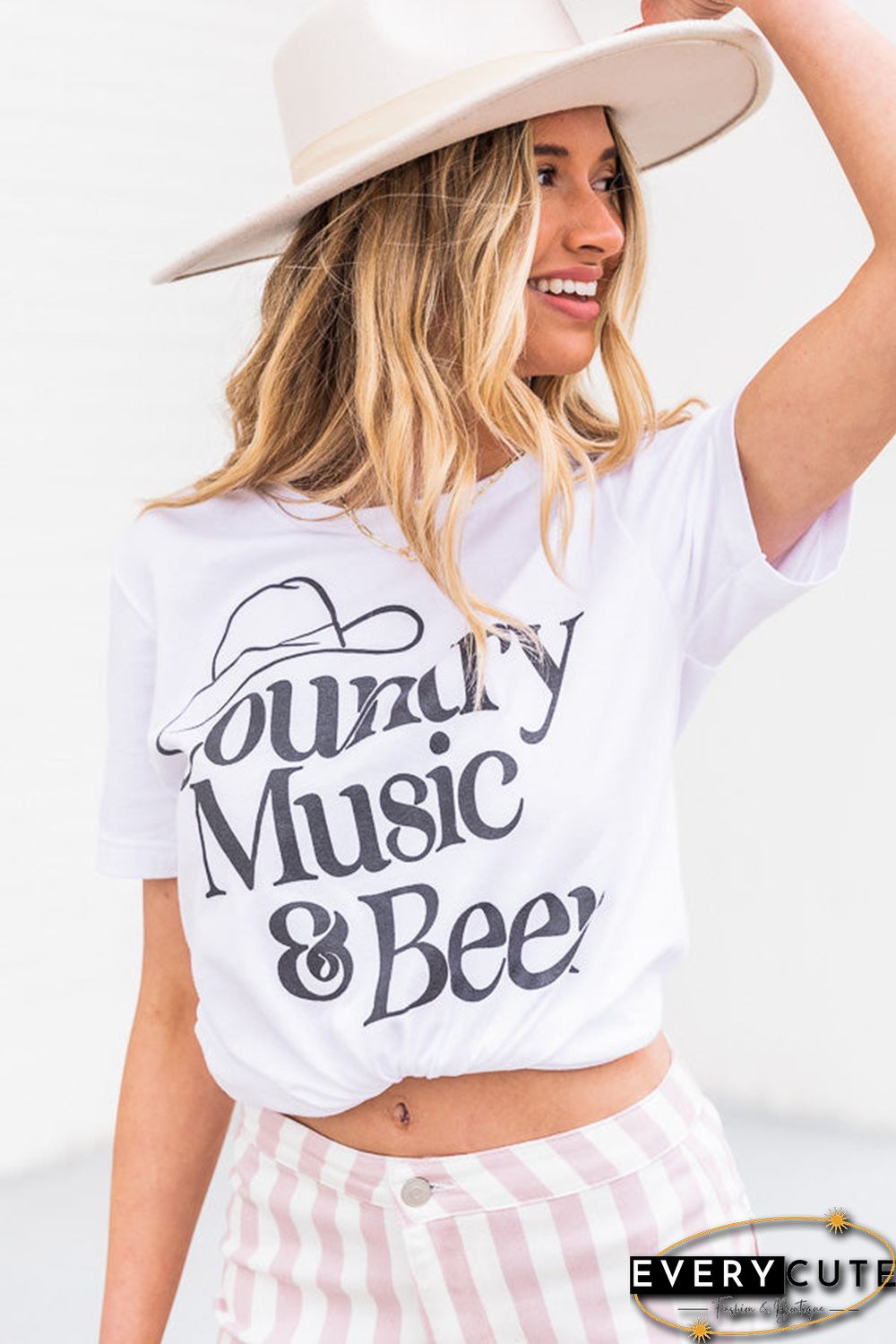 White Country Music & Beer Graphic Print Short Sleeve T Shirt