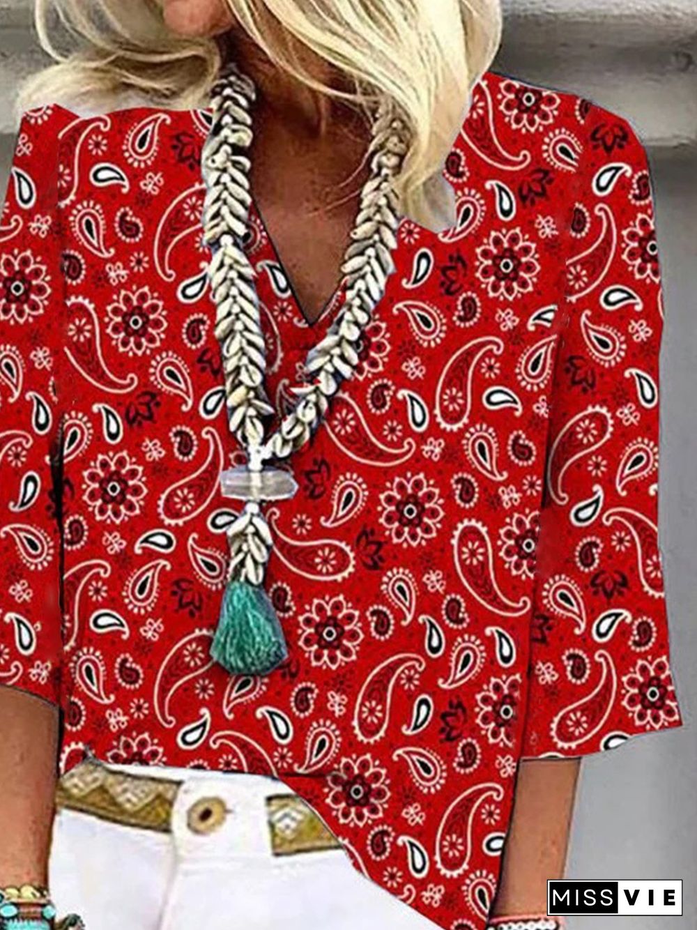Casual Floral V Neck Loose Three Quarter Tops