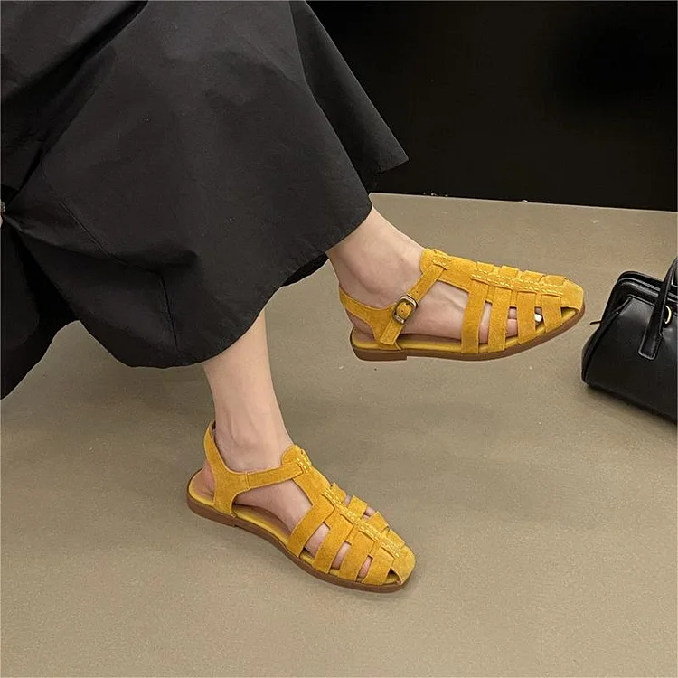 Flat French Vintage Leather Hollowed Out Toe Sandals  Stunahome.com