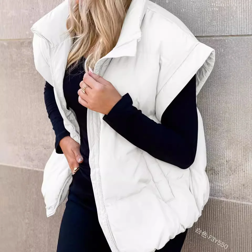 Toloer 2024 New Women's Solid Color Zip Pocket Cotton-Padded Jacket Vest Fashion Standing Collar Temperament Commuter Coat-Outfit Ideas