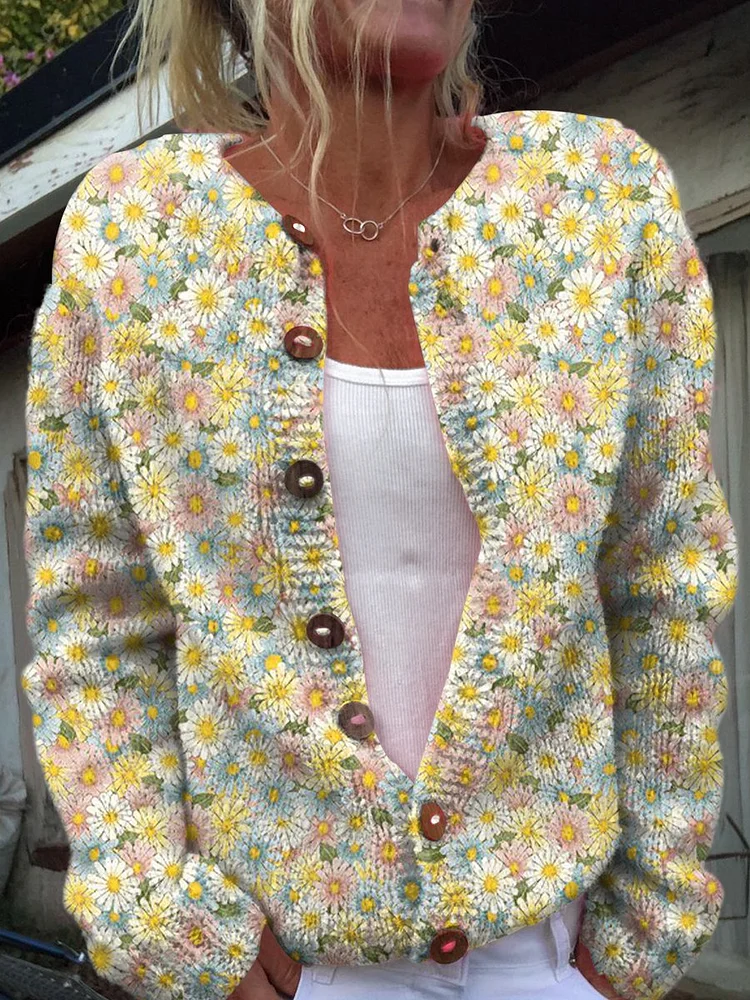 Lovely Meadows Floral Pattern Print Buttoned Cardigan Sweater