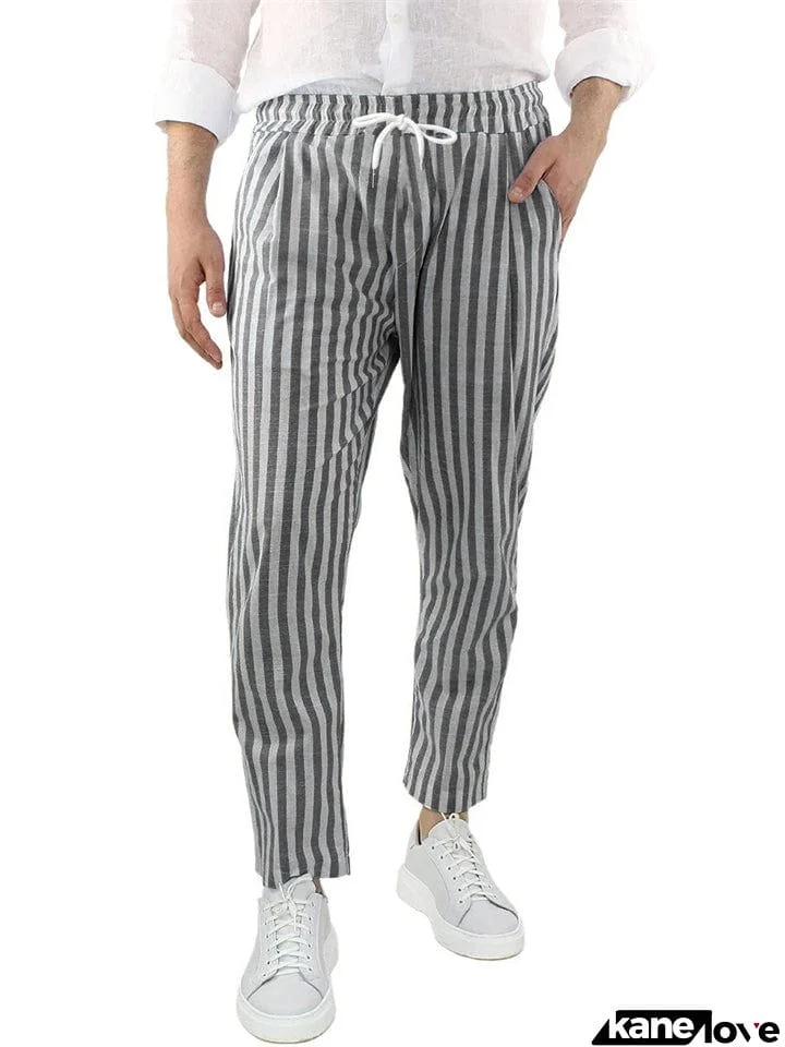 Men's Casual Vertical Striped Elastic Waist Cozy Cotton Linen Pants