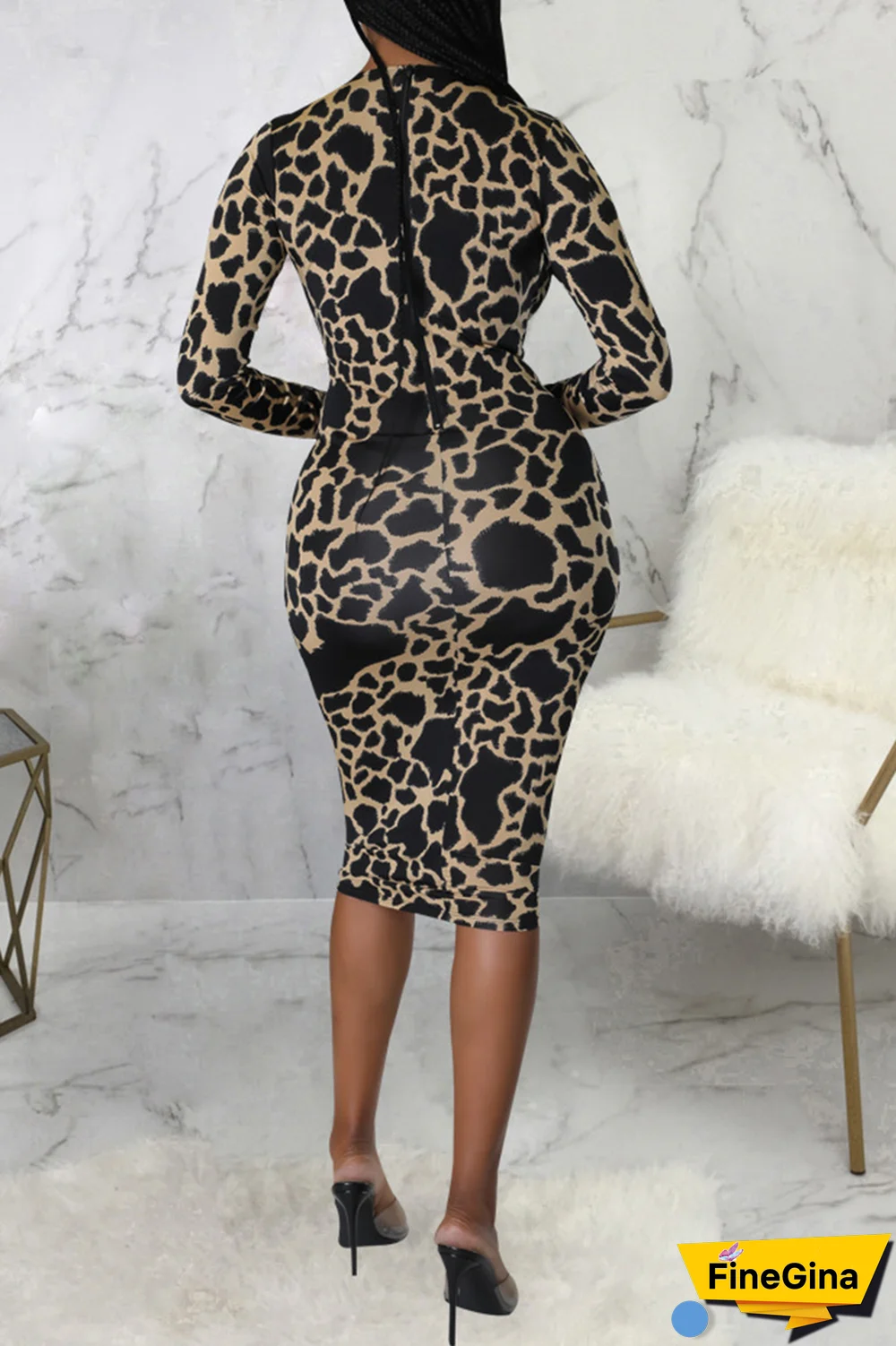 Blue Sexy Print Patchwork V Neck Pencil Skirt Dresses