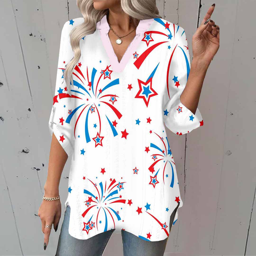Women  Independence Day, Star, Striped, Blue, Red DZGA0235 3/4 Sleeve V-neck Printed Graphic Button Tops