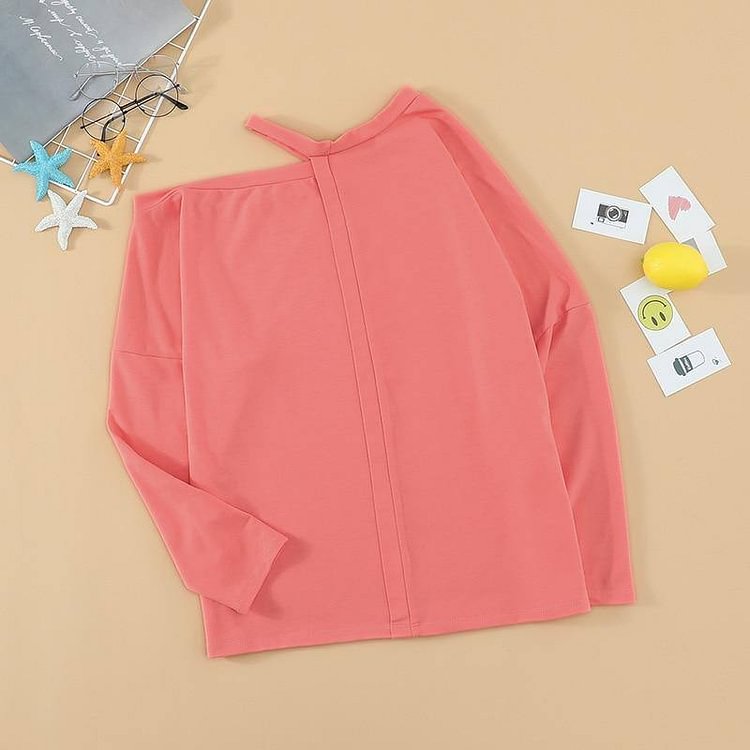 Autumn Woman Tshirts Solid Color Clothes Long Sleeve Sexy Unilateral Strapless Streetwear Pink Women's Tops Fall Clothing 2020