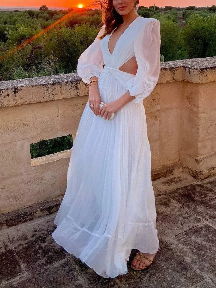 V-neck backless maxi pleated dress