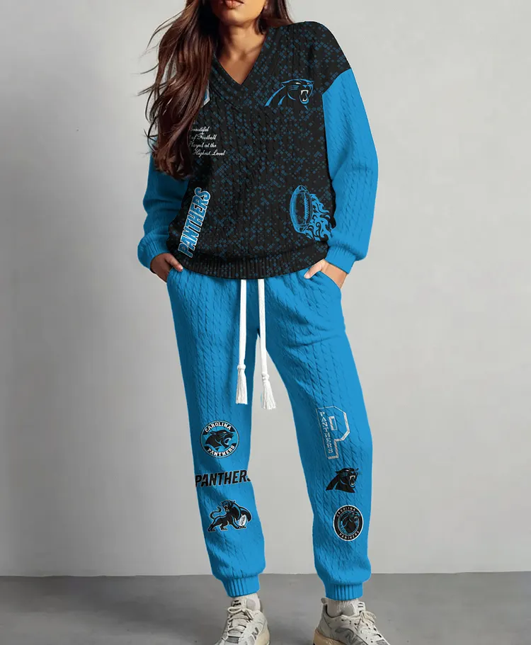 Carolina Panthers  Classic All-Season Long Sleeve V-Neck Pullover Sweater & Pants Set