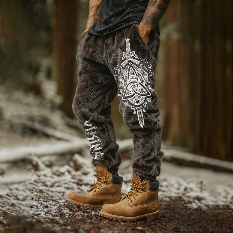 Men's Viking Sword Totem Art Casual Flannel Pants elevenforest