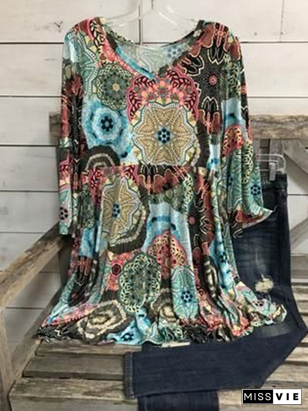 Vintage Multicolor Plus Size Long Sleeve V Neck Statement Geometric Printed Casual Tops