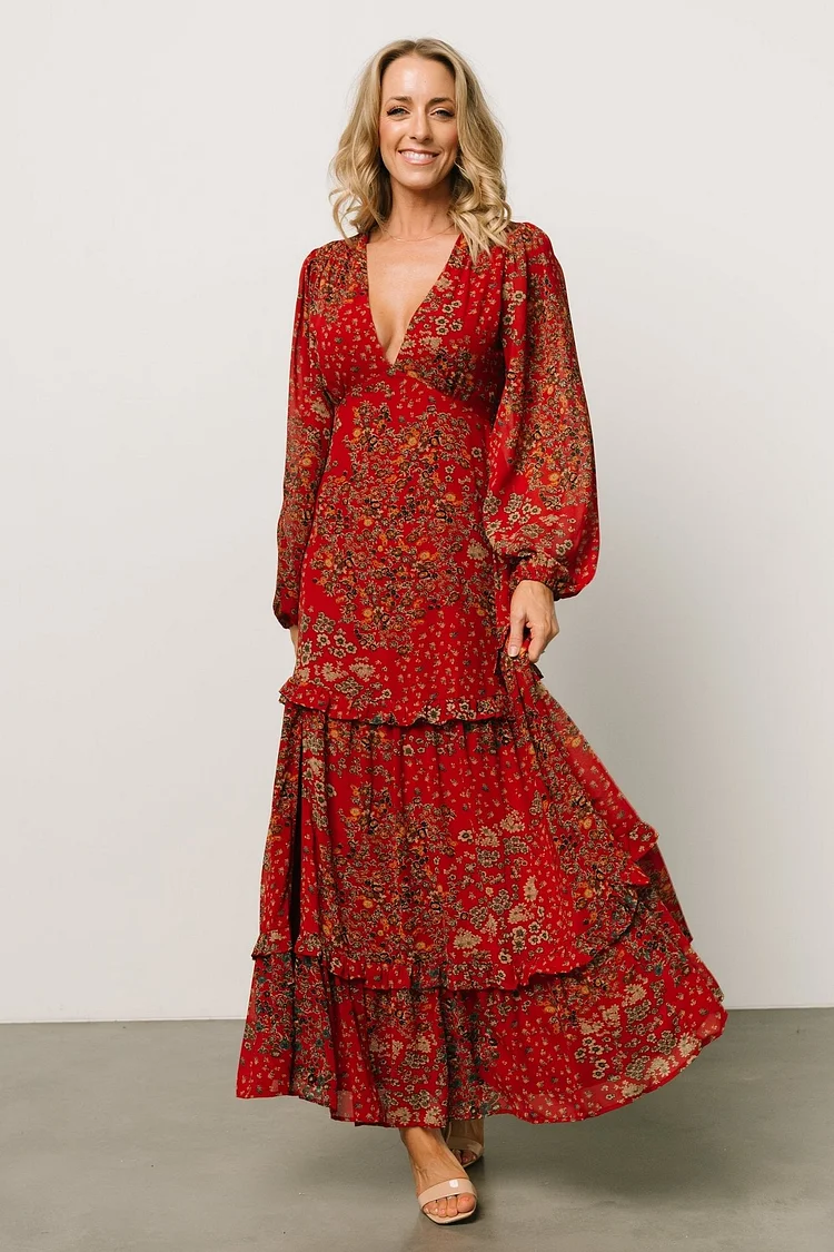 Deep V Floral Maxi Dress - Red Multi