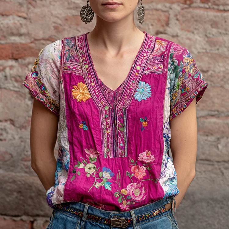 Women's Retro Ethnic Pink Awareness Flower Embroidery Printed T-shirt