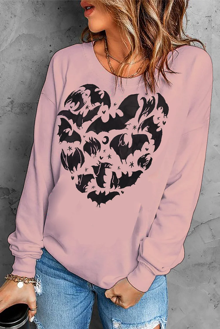 Women's Halloween Heart-Shaped Bats Print Cotton Casual Long Sleeve T-Shirt Thin Sweatshirt